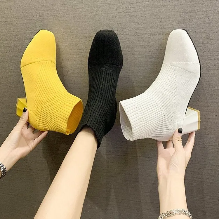 Square Toe Sleeve Boots Thick Heel Flying Knit