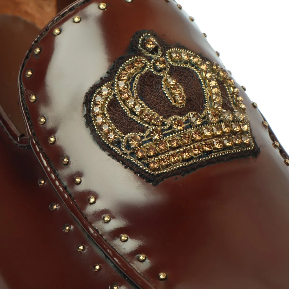 Studded Apron Leather Loafers in Wine Patent Crown Zardosi