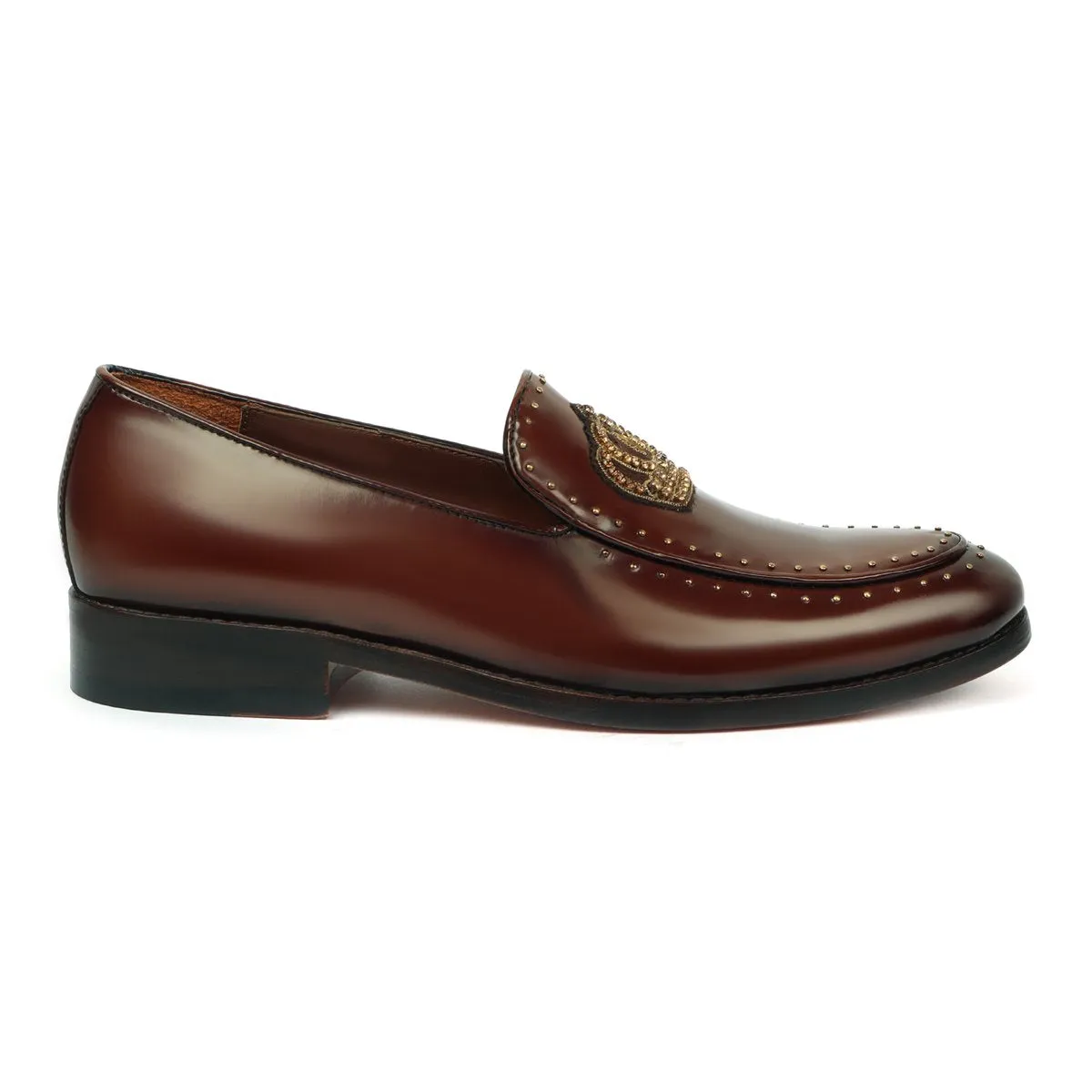 Studded Apron Leather Loafers in Wine Patent Crown Zardosi