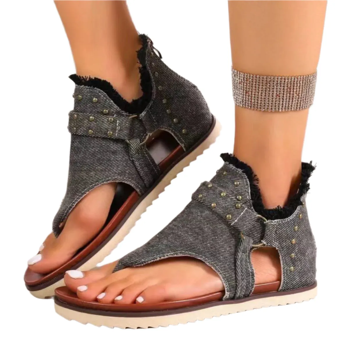 Studded Raw Hem Flat Sandals