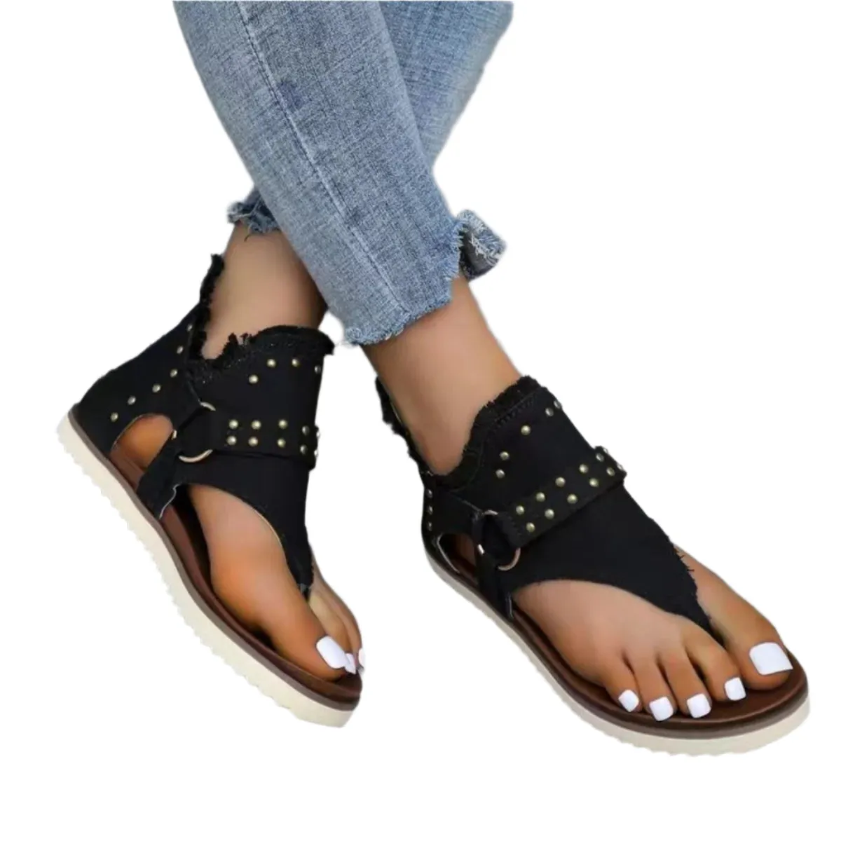 Studded Raw Hem Flat Sandals