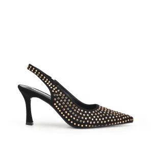 Stylish Black and Gold Studded Slingback Heels | 421N-X