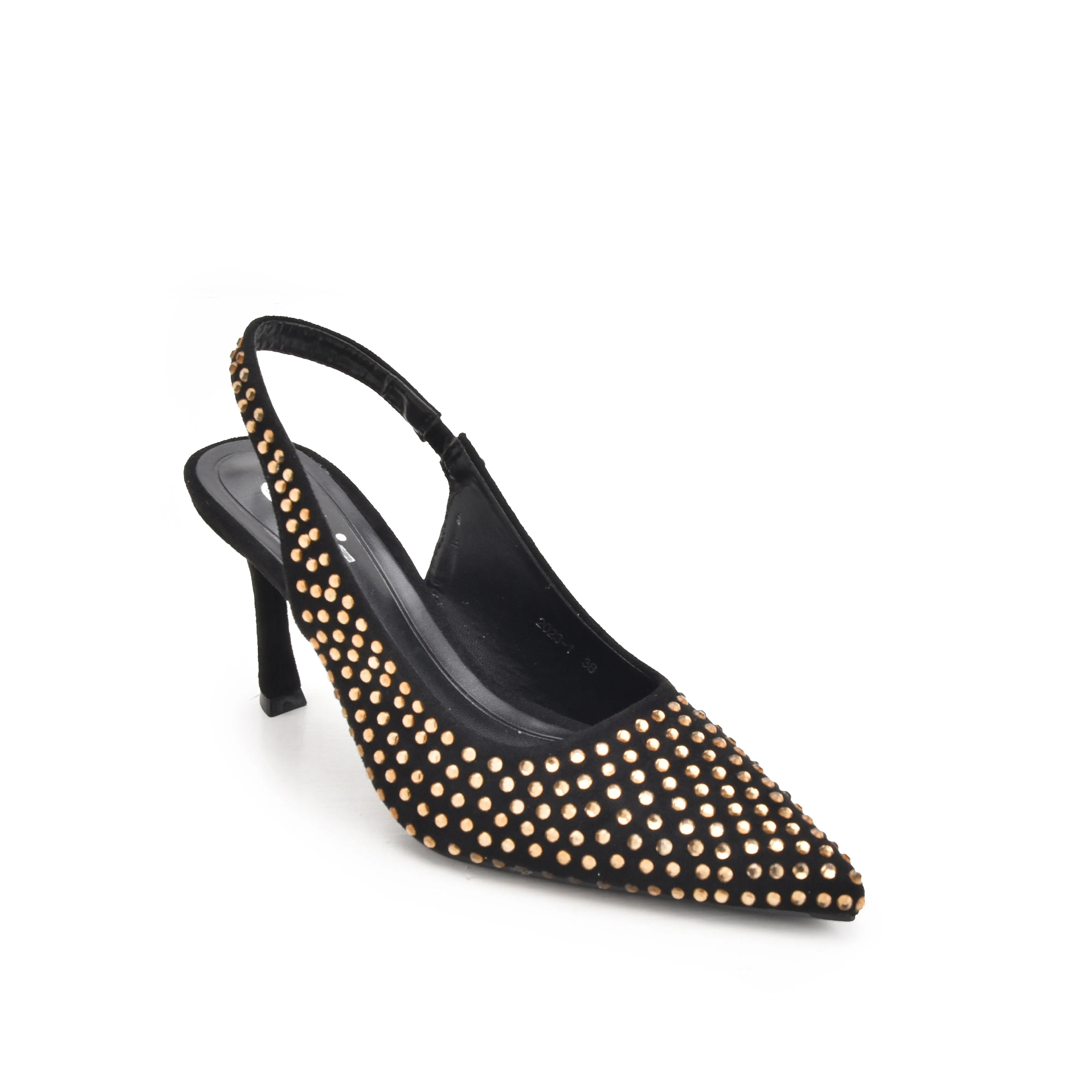 Stylish Black and Gold Studded Slingback Heels | 421N-X