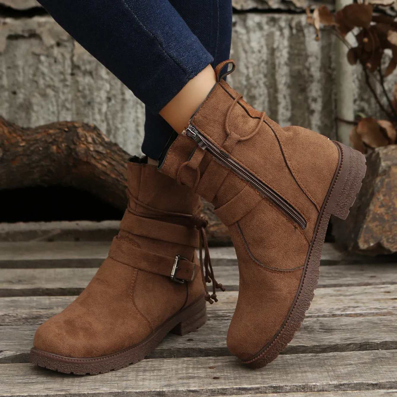 Suede Side Zip Round Toe Boots