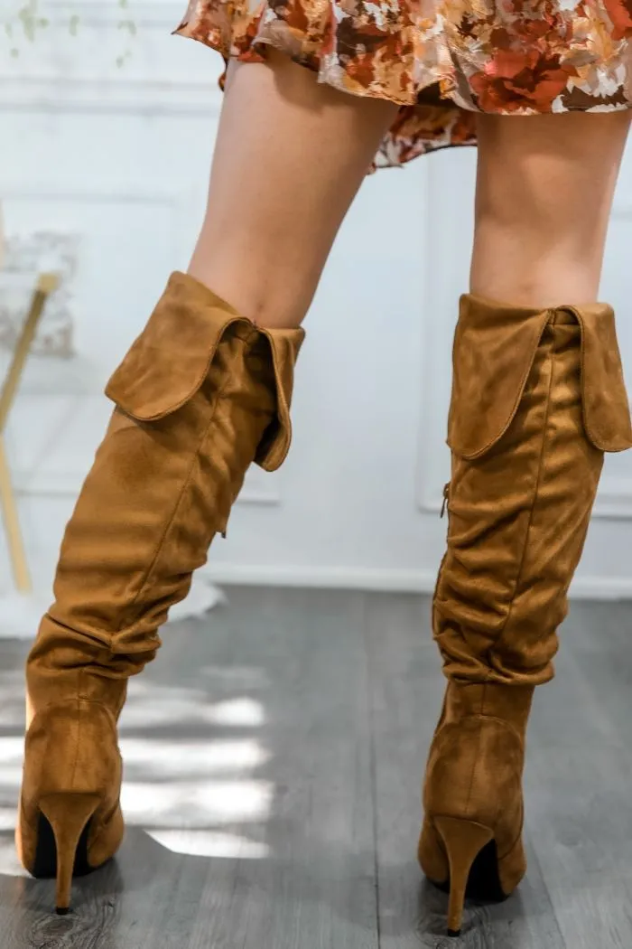 Unmatchable Pointy Slouchy Knee and Thigh High Boots Tan