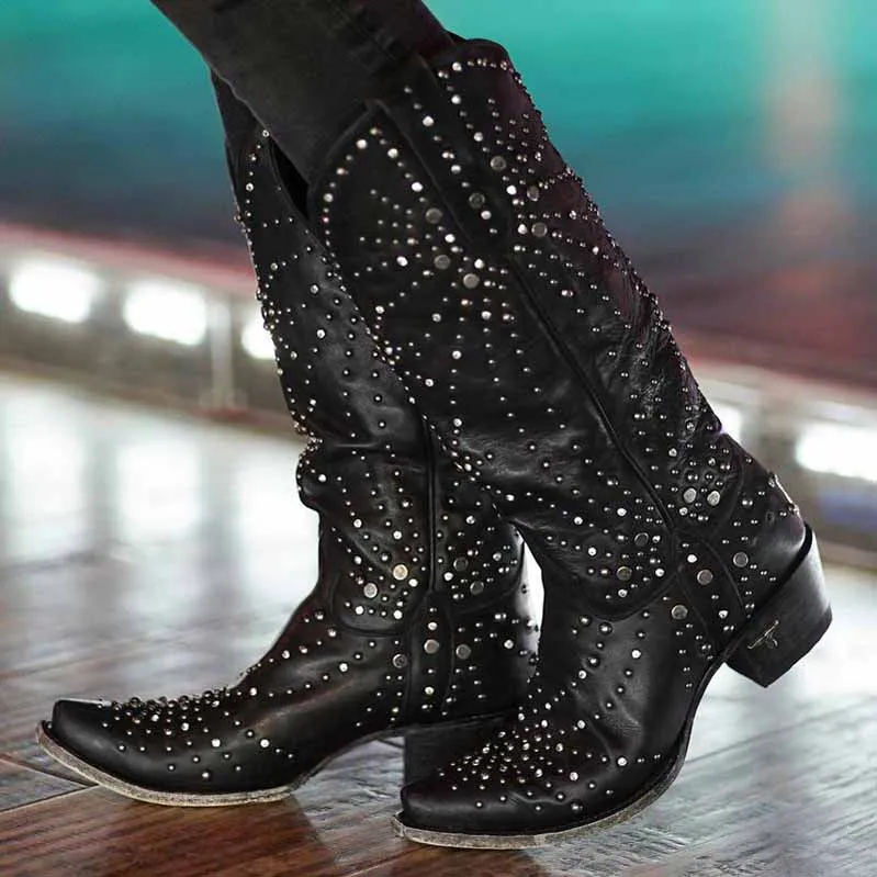 Women Metal Element Cowgirl Boots Studded Western Riding Boots