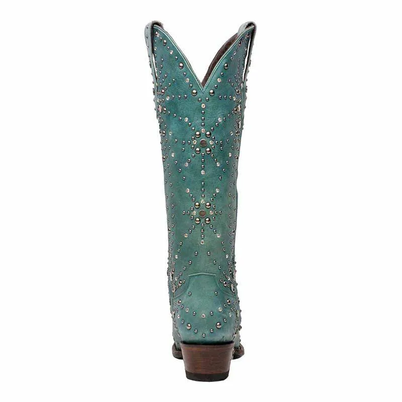 Women Metal Element Cowgirl Boots Studded Western Riding Boots