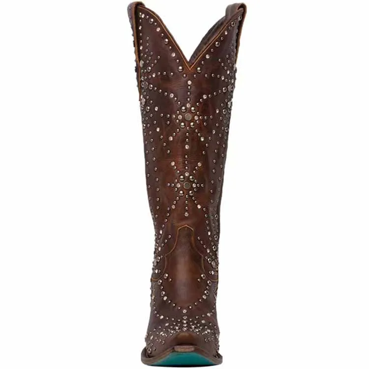 Women Metal Element Cowgirl Boots Studded Western Riding Boots