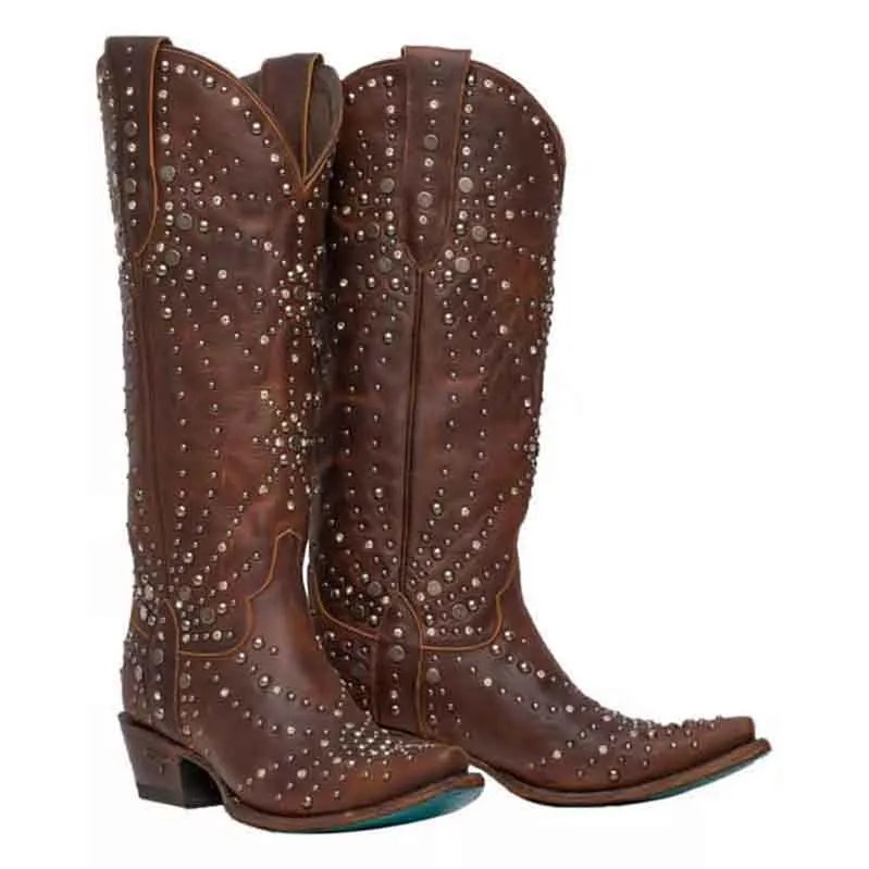 Women Metal Element Cowgirl Boots Studded Western Riding Boots