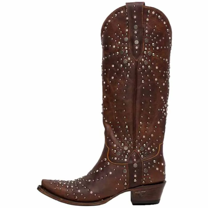 Women Metal Element Cowgirl Boots Studded Western Riding Boots