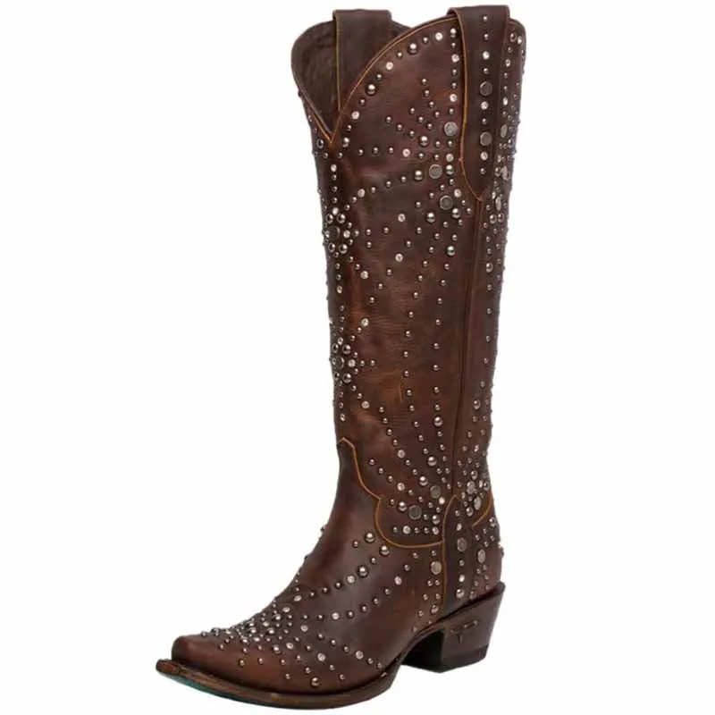 Women Metal Element Cowgirl Boots Studded Western Riding Boots