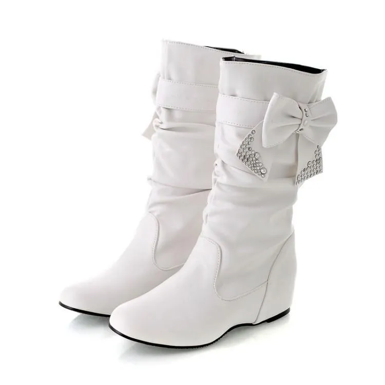 Women rhinestone bowknot fashion slouch mid calf boots