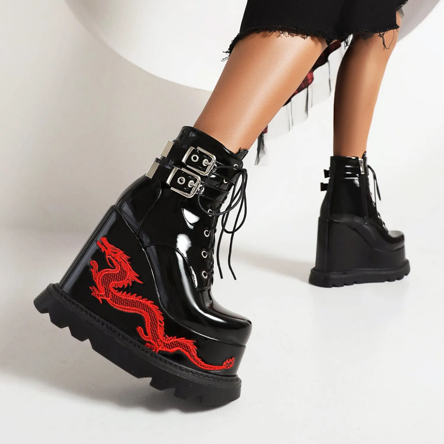 Women's Lace Up Metal Buckle Straps Wedge Heel Platform Short Boots