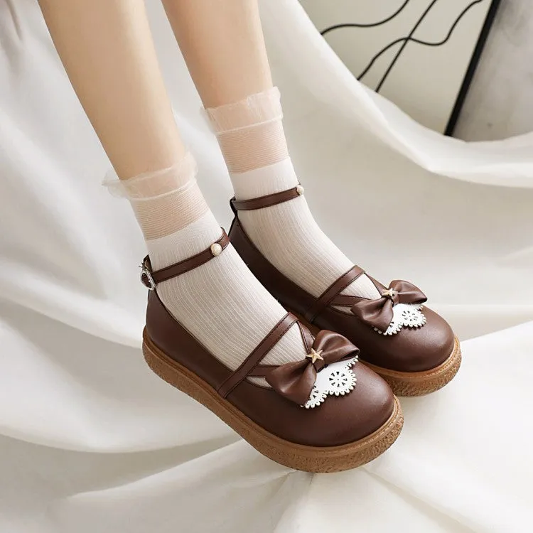 Women's Lolita Round Toe Butterfly Knot Ankle Strap Platform Flats Shoes