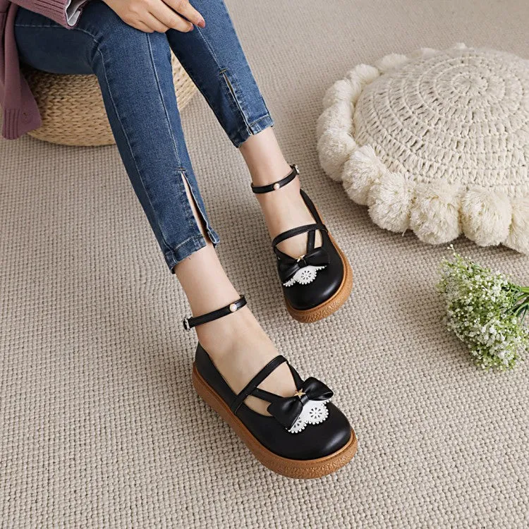 Women's Lolita Round Toe Butterfly Knot Ankle Strap Platform Flats Shoes