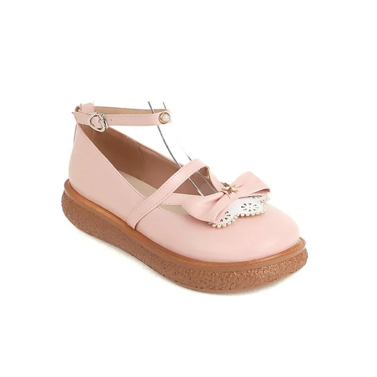 Women's Lolita Round Toe Butterfly Knot Ankle Strap Platform Flats Shoes