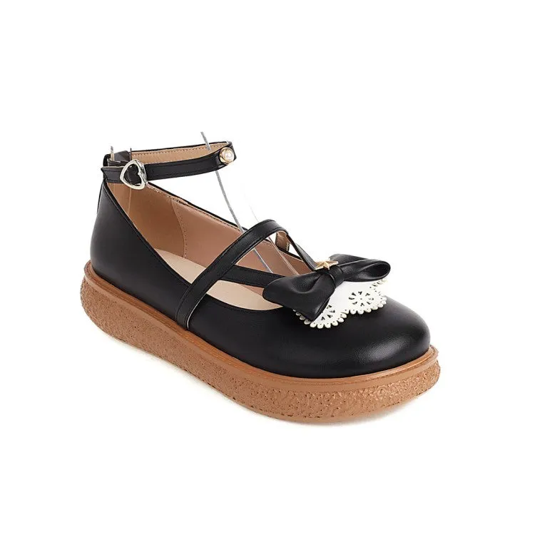 Women's Lolita Round Toe Butterfly Knot Ankle Strap Platform Flats Shoes