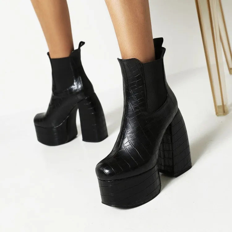 Women's Pu Leather Round Toe Stretch Block Chunky Heel Platform Ankle Boots