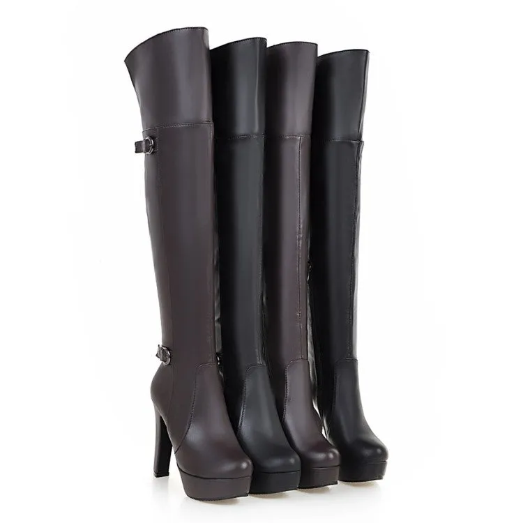 Women's Pu Leather Side Zippers Platform Chunky Heel Over the Knee Boots