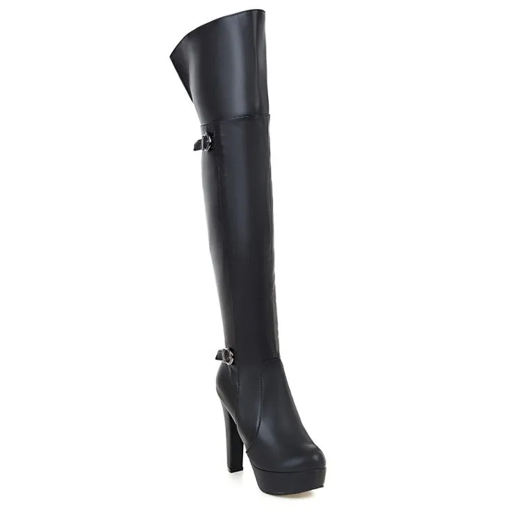 Women's Pu Leather Side Zippers Platform Chunky Heel Over the Knee Boots