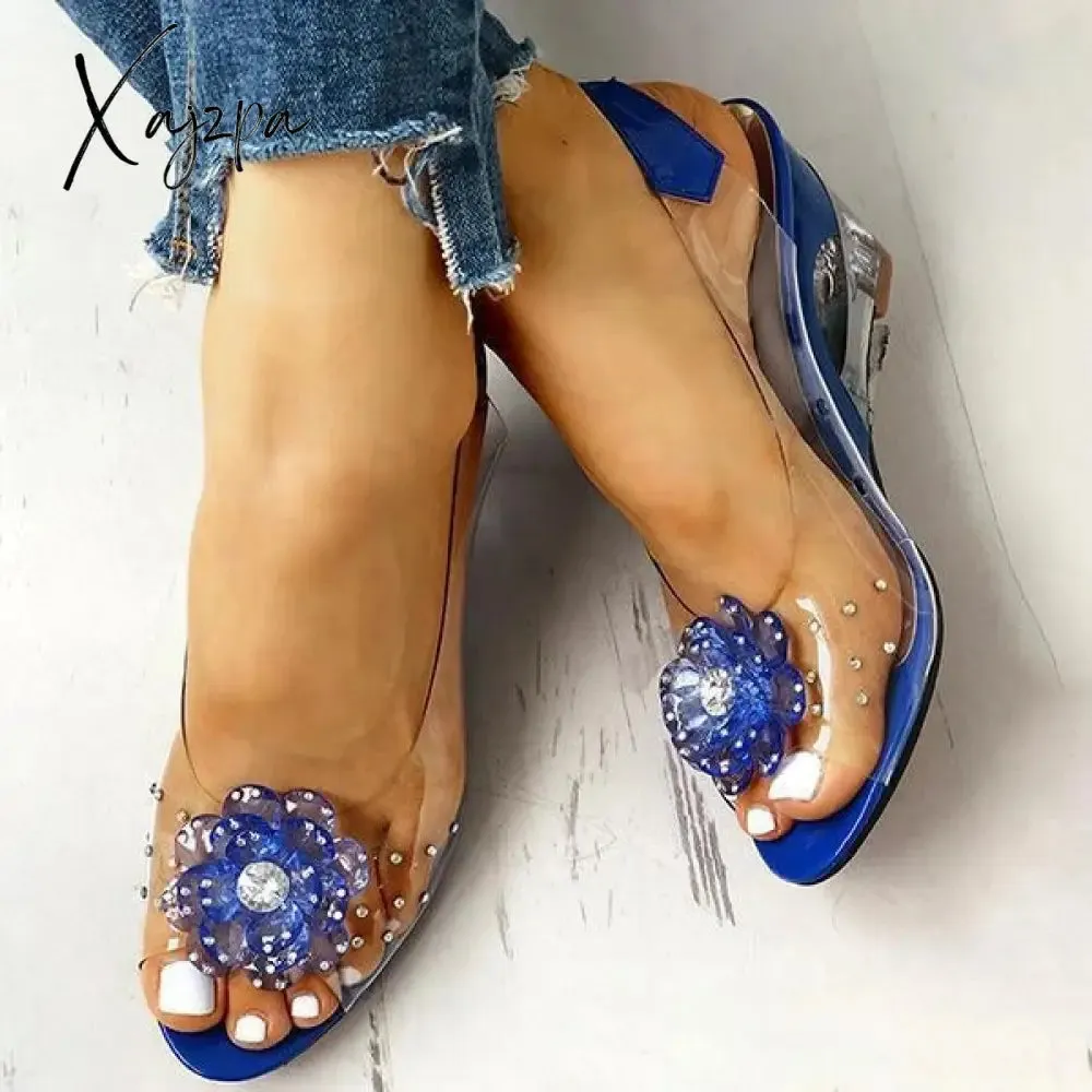 Xajzpa - studded flower design transparent wedge sandals