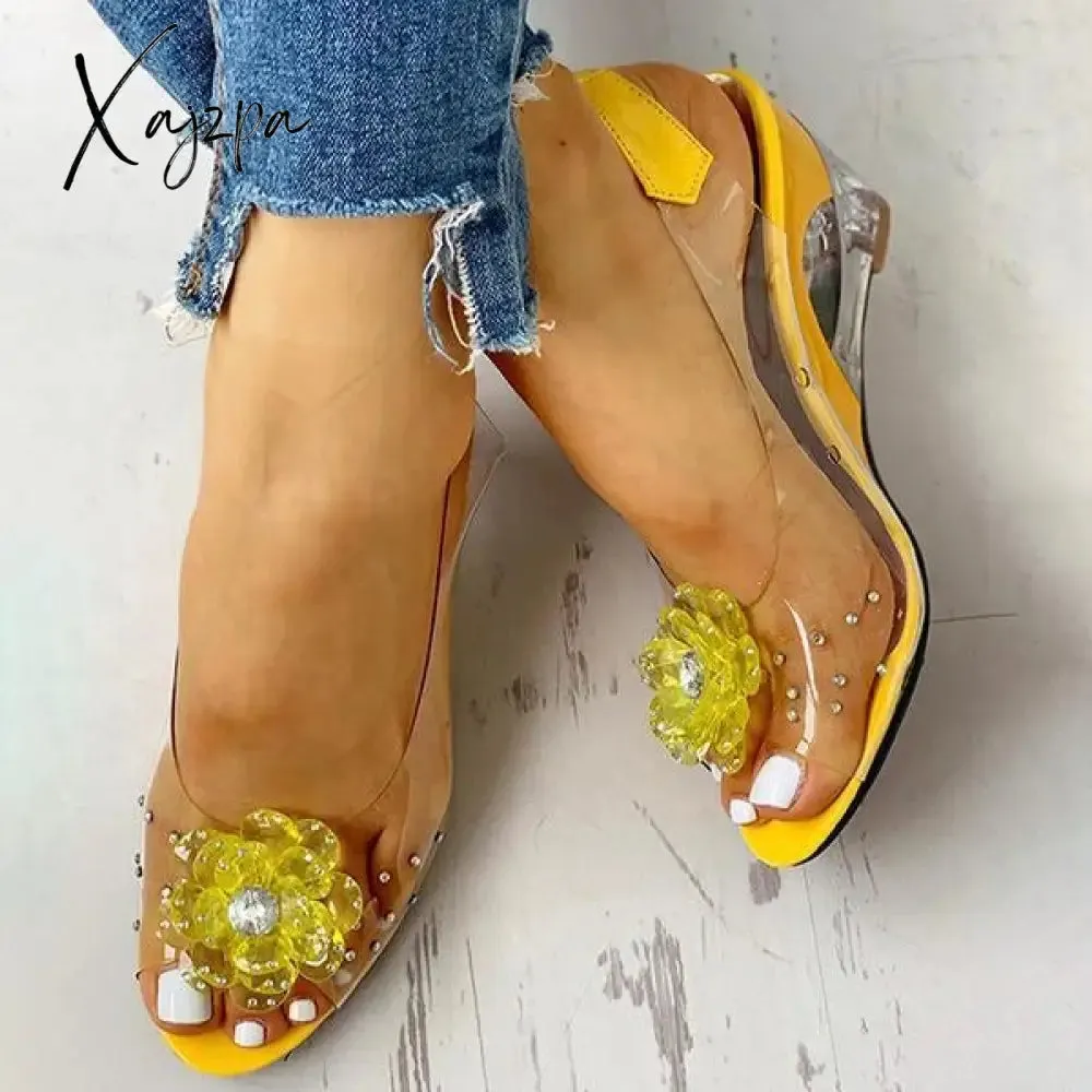 Xajzpa - studded flower design transparent wedge sandals