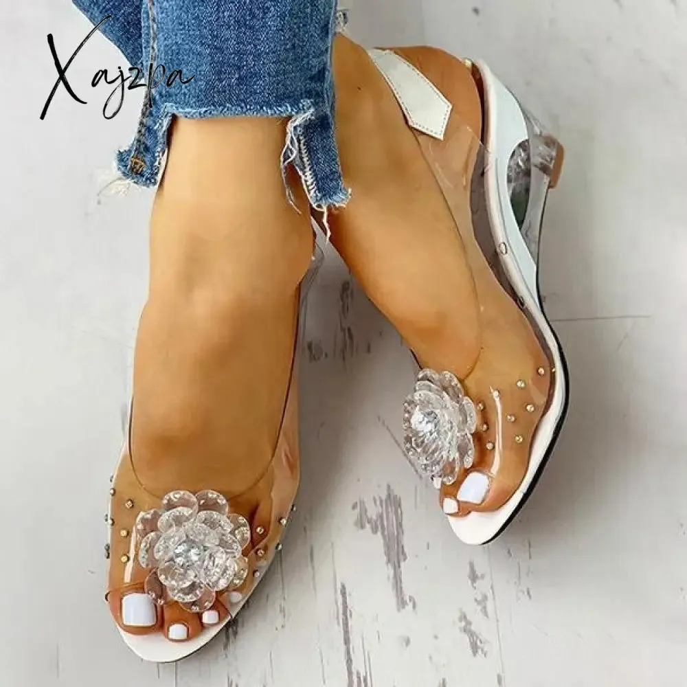 Xajzpa - studded flower design transparent wedge sandals